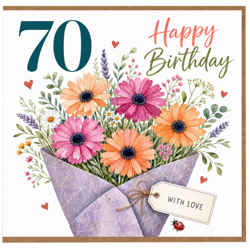 70th Birthday Card, Floral Bouquet Happy Birthday With Love Card