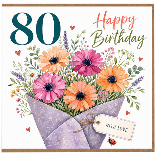 80th Birthday Card, Happy Birthday Floral Bouquet Card