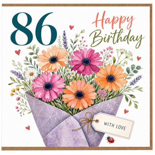 86th Birthday Card, Floral Happy Birthday Card With Love Gift Tag