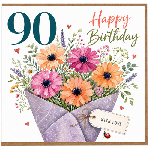 90th Birthday Card, Floral Bouquet Happy Birthday Card