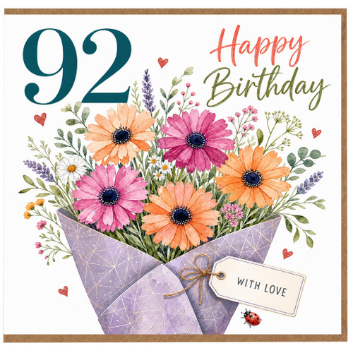 92nd Birthday Card, Happy Birthday Floral Bouquet Card With Love
