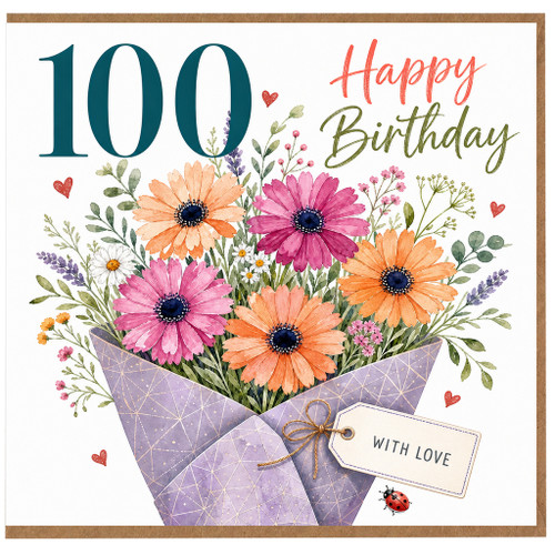 100th Birthday Card, Happy Birthday Floral Bouquet Card With Love