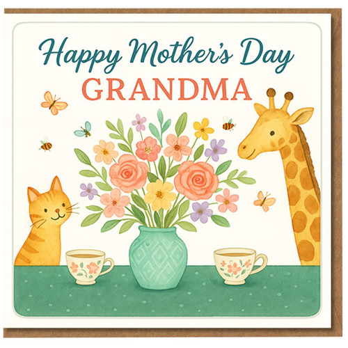Happy Mother's Day Grandma Card - Cute Giraffe, Cat and Floral Vase Illustration with Teacups - Sweet Mother’s Day Card for Gran/Nan/Grandma