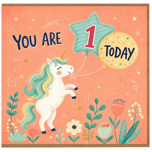 1st Birthday Card, Cute Unicorn You Are 1 Today Card