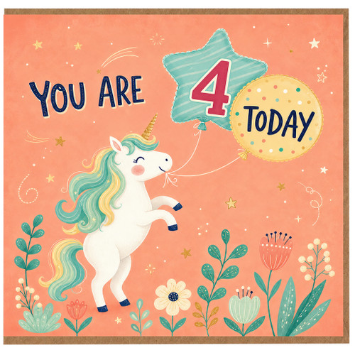 4th Birthday Card, You Are 4 Today Unicorn Birthday Card