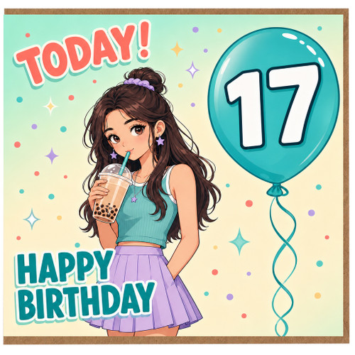 17th Birthday Card, Stylish Girl Bubble Tea Happy Birthday Card