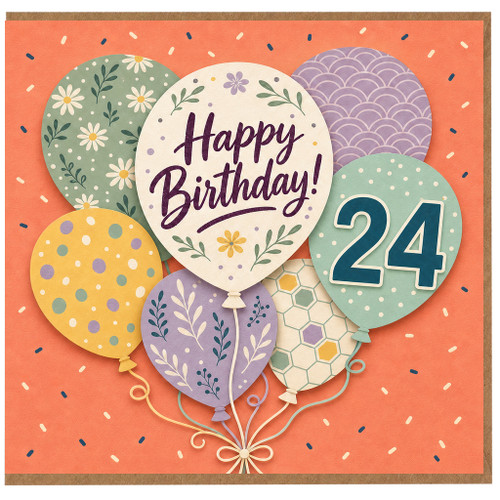 24th Birthday Card, Colourful Balloon Happy Birthday Card