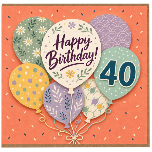 40th Birthday Card, Happy Birthday Balloon Design, 40 Today Birthday Card