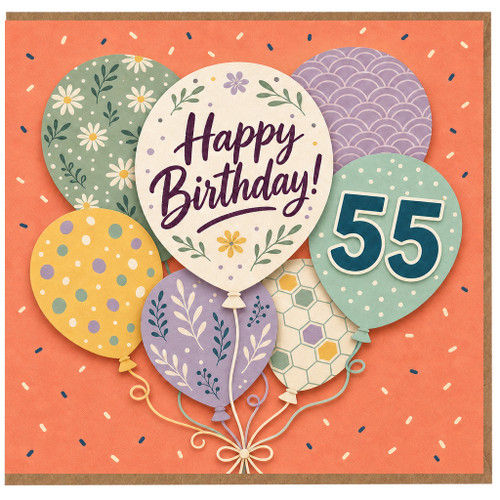 55th Birthday Card, Happy Birthday Balloons Floral Design