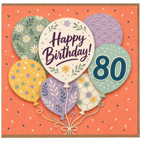 80th Birthday Card, Happy Birthday Balloons Floral Design