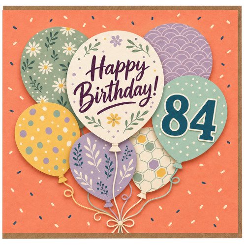84th Birthday Card, Floral Balloon Happy Birthday Card