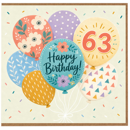 63rd Birthday Card, Happy Birthday Balloon Design