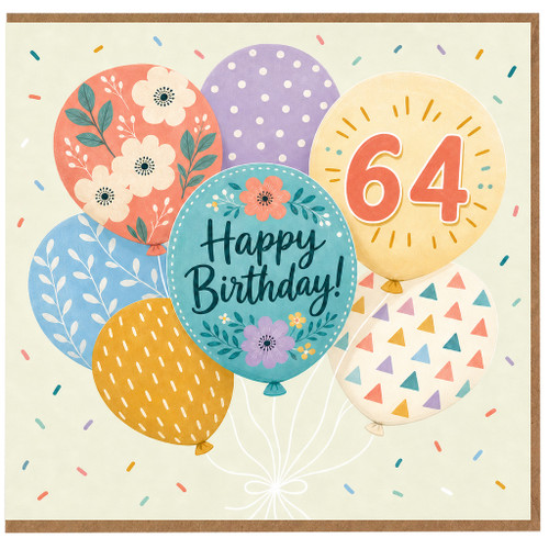 64th Birthday Card, Happy Birthday Balloon Floral Design