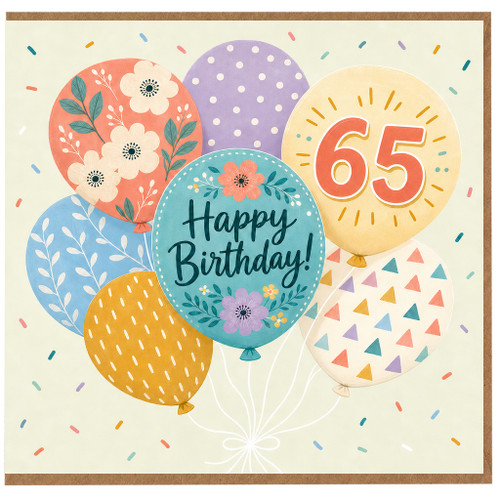 65th Birthday Card, Happy Birthday Balloon Floral Card