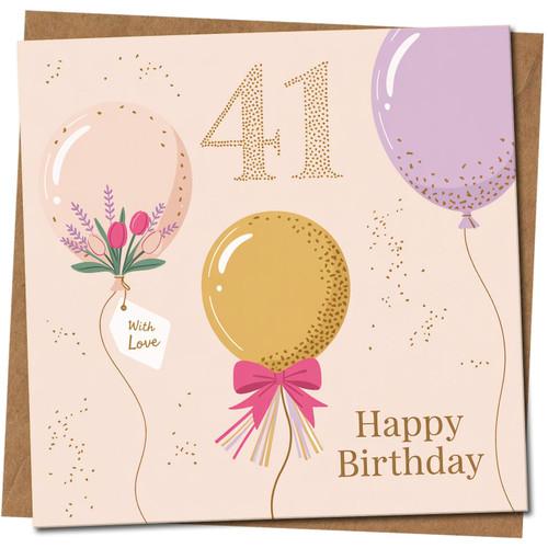 41st Birthday Card - Balloons and Confetti Design, Square 145mm x 145mm, Elegant 41 Age Milestone Happy Birthday, Includes Kraft Envelope