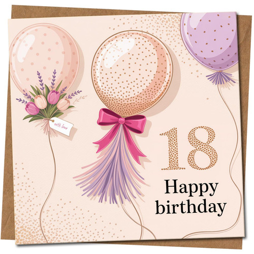 18th Birthday Card - Elegant Balloons & Flowers Design - Square 145mm x 145mm -, Includes Kraft Envelope