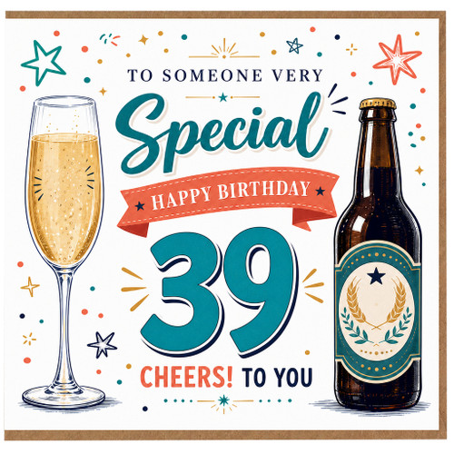 39th Birthday Card, Special Happy Birthday Cheers To You Beer and Champagne Design