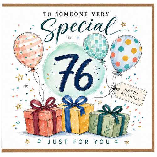 76th Birthday Card, Happy Birthday Card With Balloons and Gifts