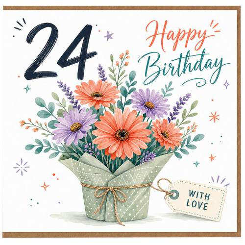 24th Birthday Card, Floral Bouquet Happy Birthday With Love Card