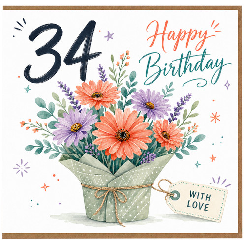 34th Birthday Card, Happy Birthday Floral Bouquet Card