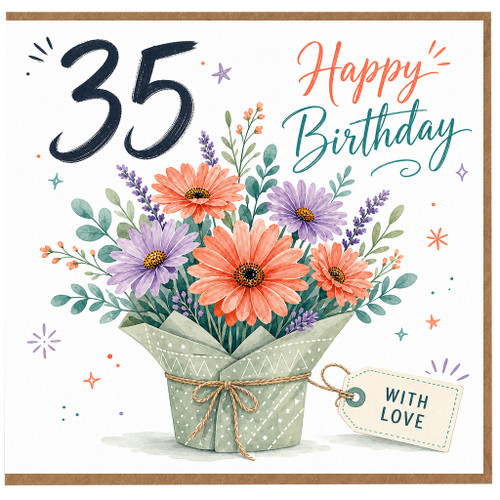 35th Birthday Card, Happy Birthday Floral Bouquet Card With Love