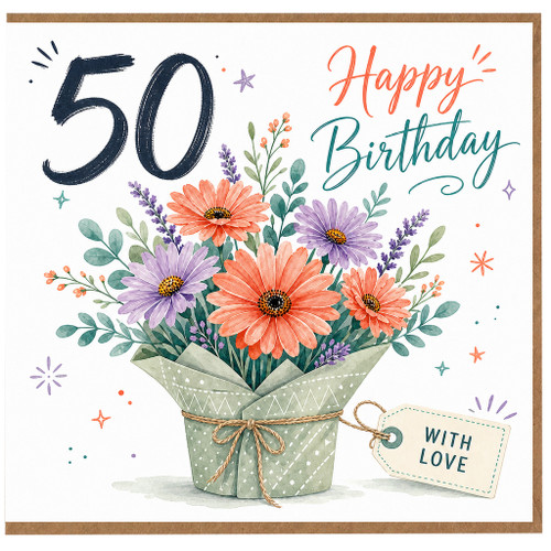 50th Birthday Card, Floral Happy Birthday Card