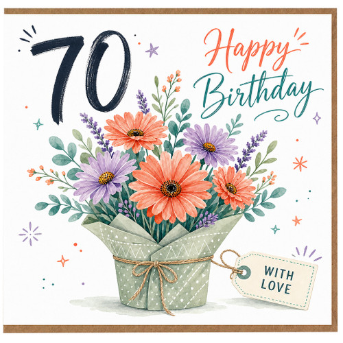 70th Birthday Card, Happy Birthday Floral Bouquet Card With Love