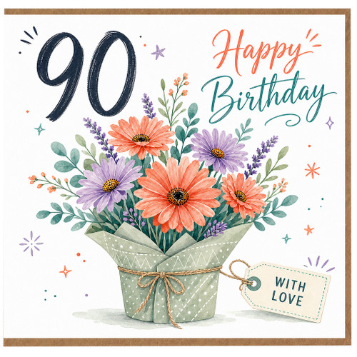 90th Birthday Card, Floral Happy Birthday Bouquet Card, With Love