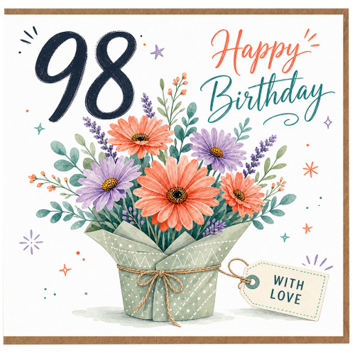 98th Birthday Card, Happy Birthday Floral Bouquet Card, With Love Greeting Card