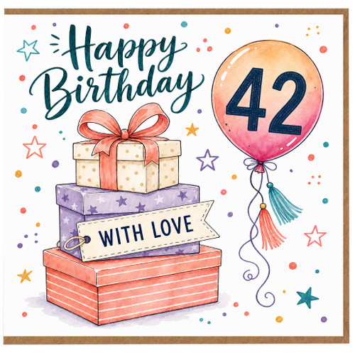 42nd Birthday Card, Happy Birthday 42 Card With Gifts and Balloon Design