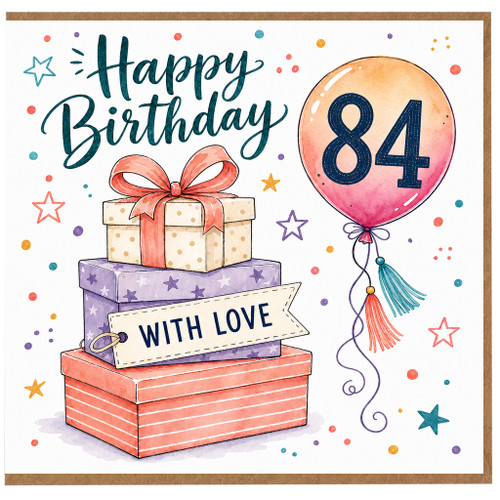 84th Birthday Card, Happy Birthday with Love Balloon and Gift Box Design
