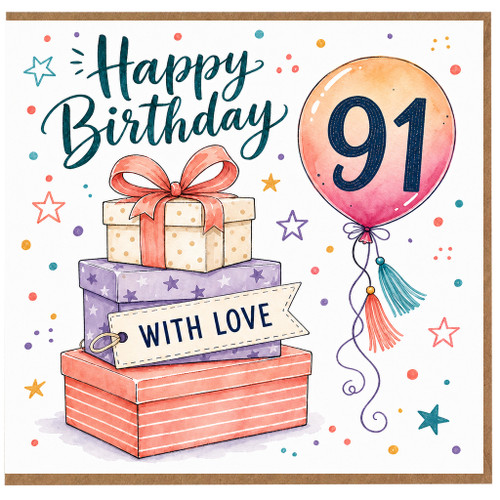 91st Birthday Card, Happy Birthday With Love Balloon and Gifts Card