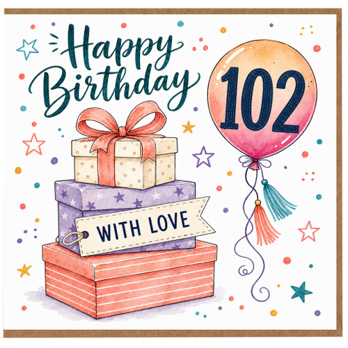 102nd Birthday Card, Happy Birthday With Love Gift Box and Balloon Design
