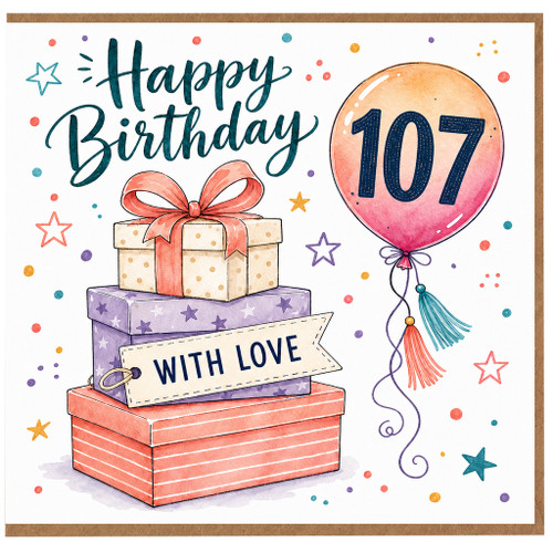 107th Birthday Card, Happy Birthday with Gifts and Balloon Design