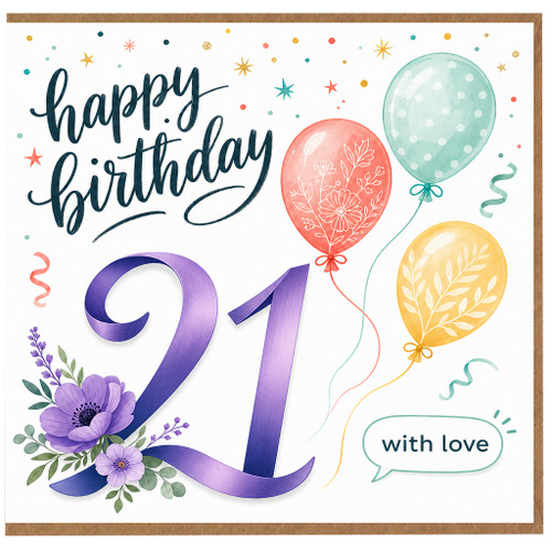 21st Birthday Card, Happy Birthday Balloon and Floral Design with Love