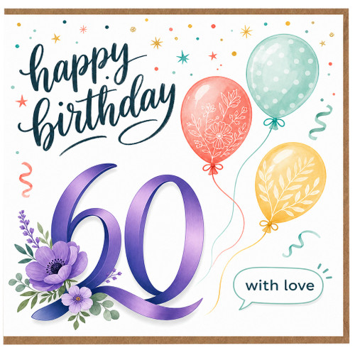 60th Birthday Card, Happy Birthday Floral Balloon Card With Love