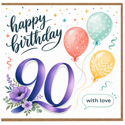 90th Birthday Card, Happy Birthday with Love Balloon and Floral Design