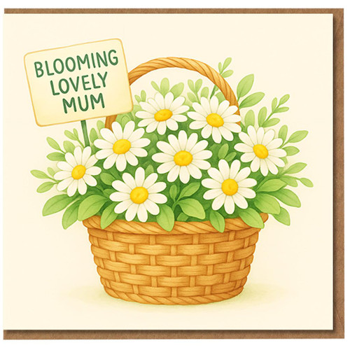 Blooming Lovely Mum Mother's Day Card - Cute Daisy Basket Floral Pun Card for Mum