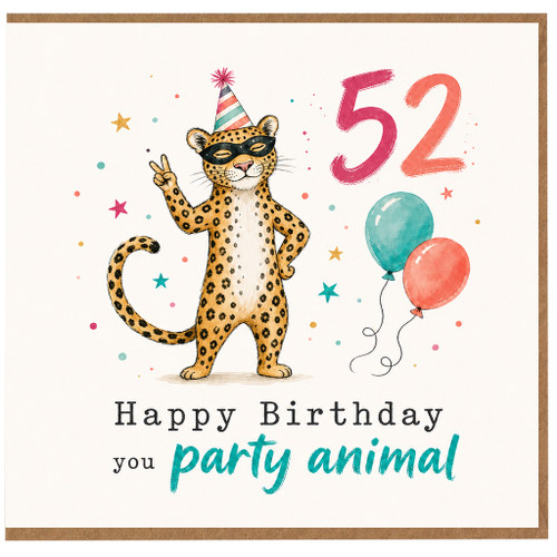 52nd Birthday Card, Party Animal Leopard Birthday Card