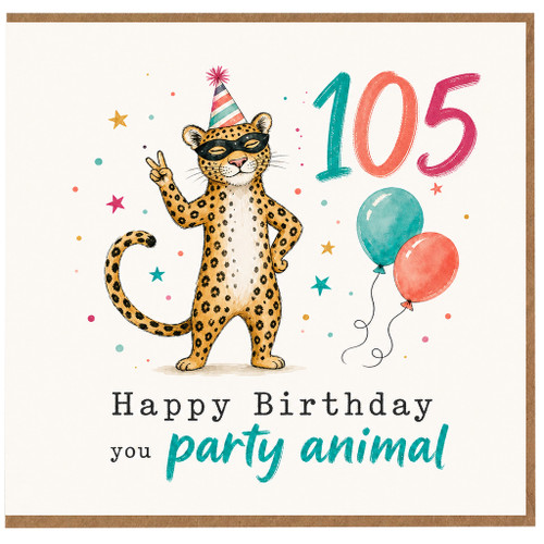 105th Birthday Card, Happy Birthday Party Animal Leopard Card