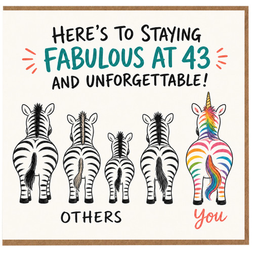 43rd Birthday Card, Funny Fabulous at 43 Unicorn Zebra Card