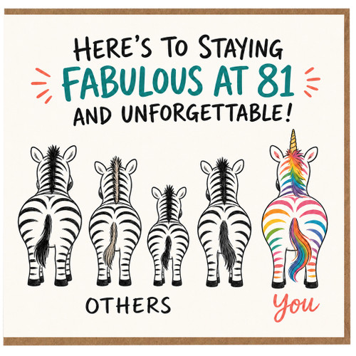81st Birthday Card, Fabulous at 81 Funny Zebra Card, Unforgettable Birthday Card for Her