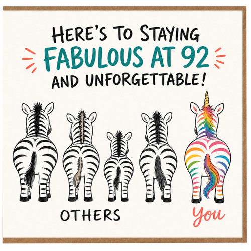 92nd Birthday Card, Funny Fabulous at 92 Zebra Unicorn Card