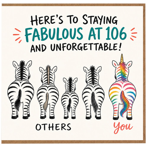 106th Birthday Card, Funny Zebra Unicorn Card, Fabulous at 106