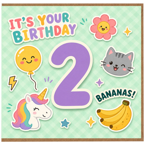 2nd Birthday Card, Cute Colourful Cartoon Animal Design