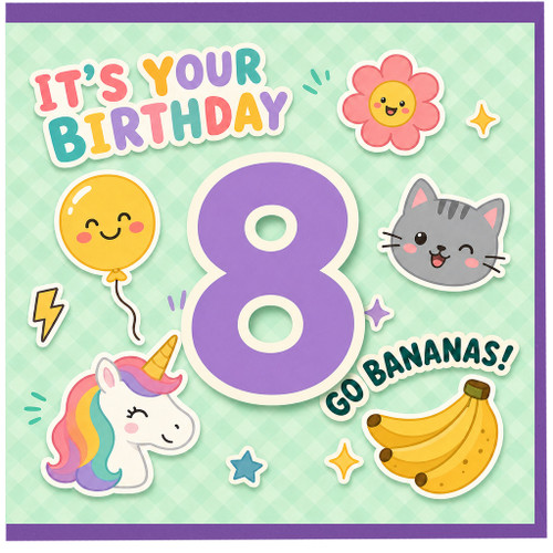 8th Birthday Card, Cute Kawaii Animal and Unicorn Design
