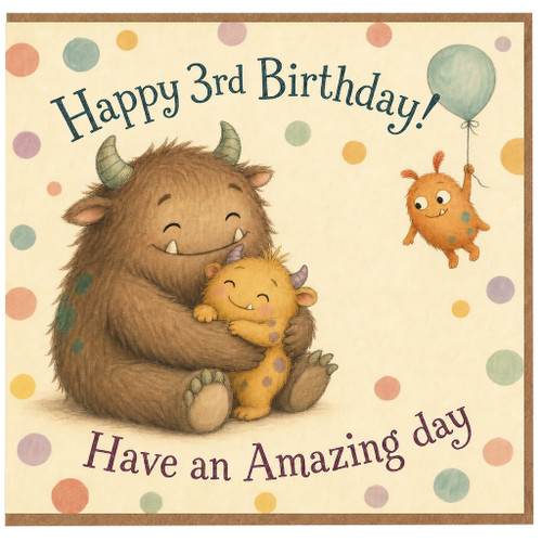 3rd Birthday Card, Cute Monster Birthday Card