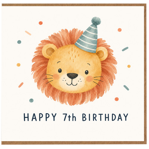 7th Birthday Card, Cute Lion Party Hat Birthday Card