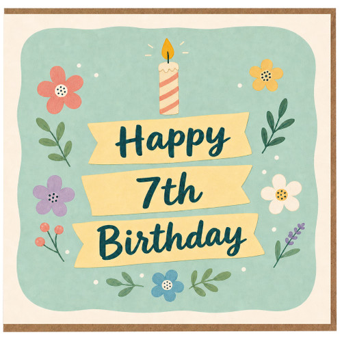 7th Birthday Card, Happy 7th Birthday Card with Floral Candle Design