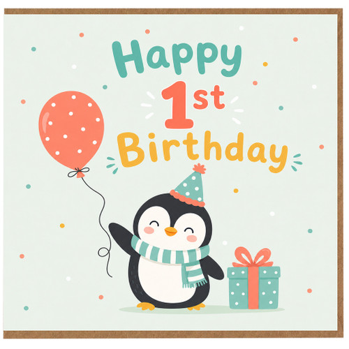 1st Birthday Card, Cute Penguin Balloon and Gift Design